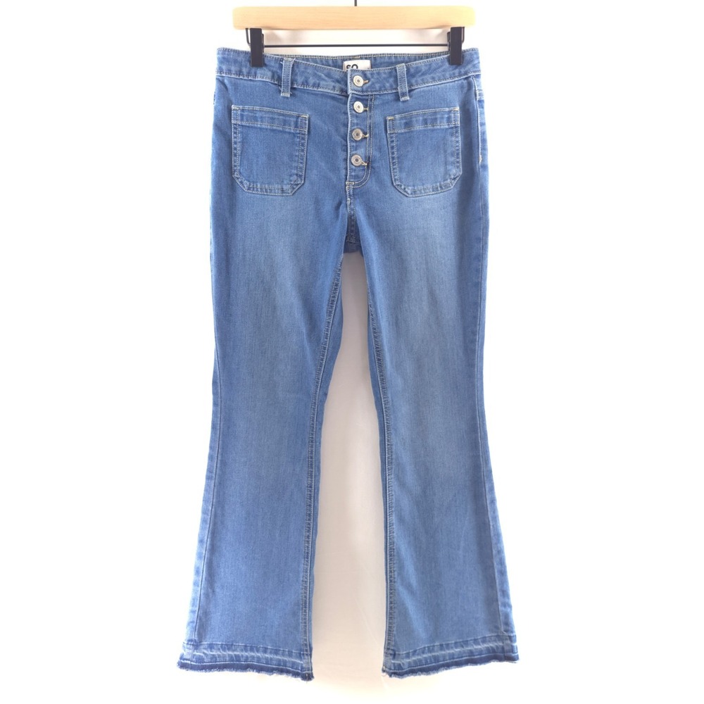 SO Women Jeans Flare 16 Blue High‎ Rise Button Fly Patch Pocket Raw Hem